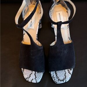 ANTONIO MELANI Black Suede T-Strap Sandals with Snake-Print Insole